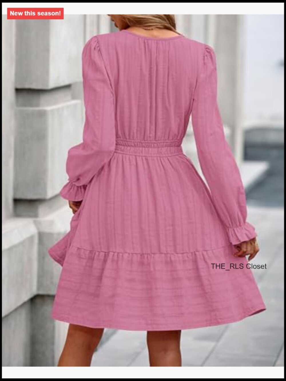Long Sleeve V Neck A Line Mini Dress with Elastic Waist - Picture 3 of 7